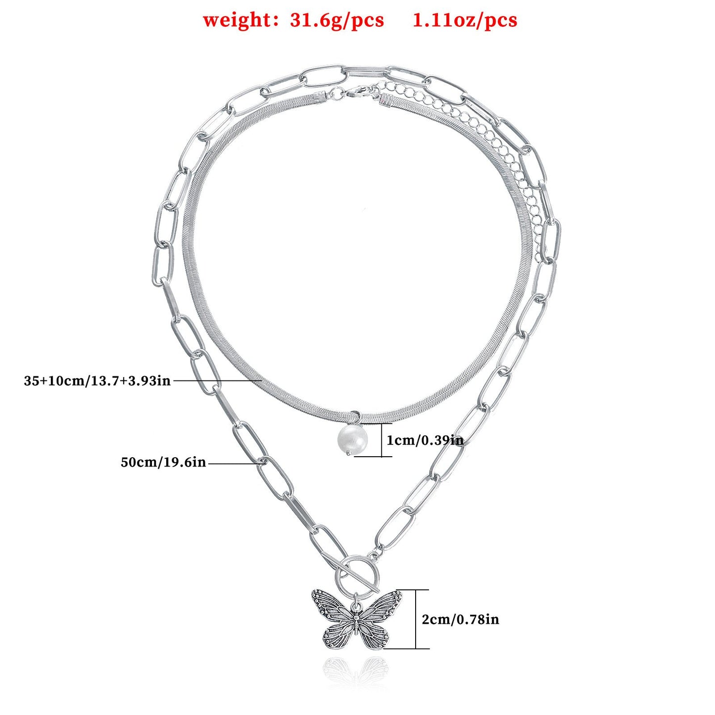 Jewelry ins fashion double bamboo snake bone chain OT buckle pearl stripe butterfly pendant necklace female