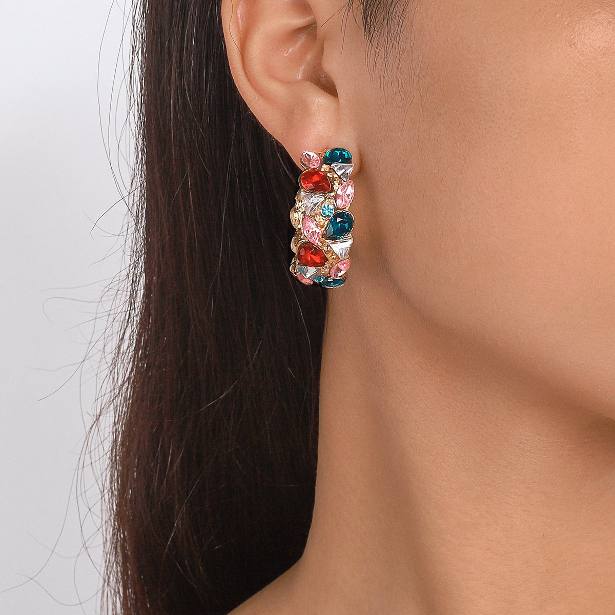 E1741 Personality Fashion Circle C-shaped Earbuckle Light Luxury Exaggerated Design Earrings Rhinestone Vintage Earrings