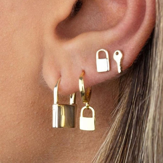 Earrings retro personality set key lock earrings earrings punk four-piece set lock earrings