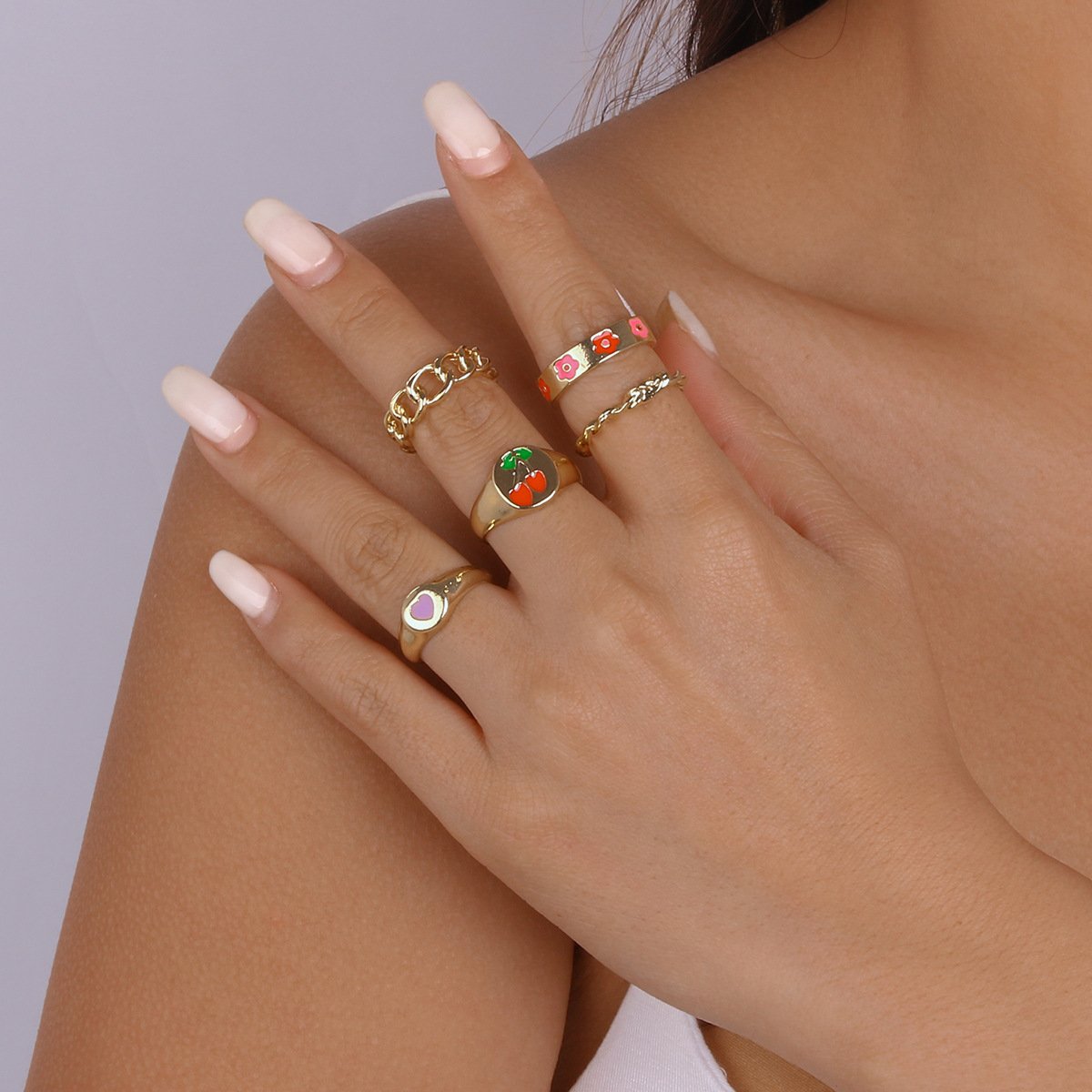 R79 Niche accessories drop oil love flower cherry ring exaggerated chain geometric ring female