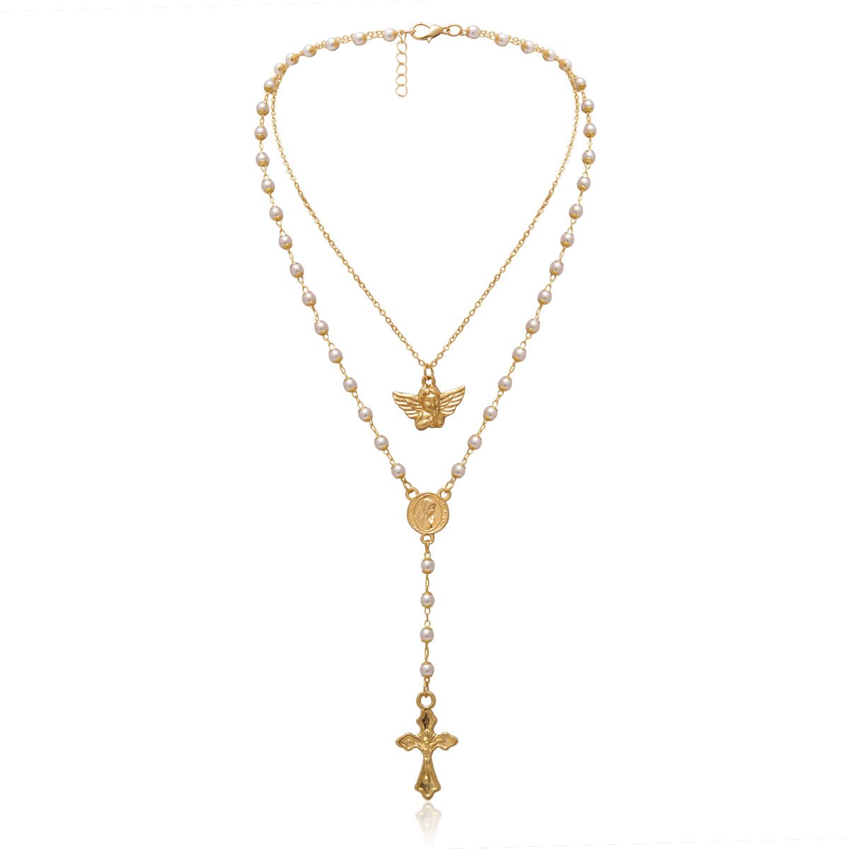 Jewelry Retro Little Angel Geometric Necklace Temperament Imitation Pearl Y-shaped Cross Tassel Necklace