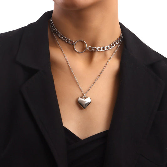 Jewelry Double Cuban Chain Ring Love Pendant Necklace Feminine Trendy Small Fragrance Necklace