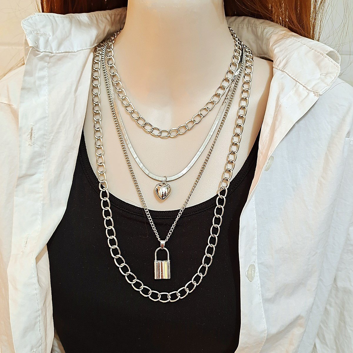 Jewelry geometric multi-layer love moon pendant necklace female retro hip-hop lock necklace