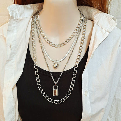 Jewelry geometric multi-layer love moon pendant necklace female retro hip-hop lock necklace