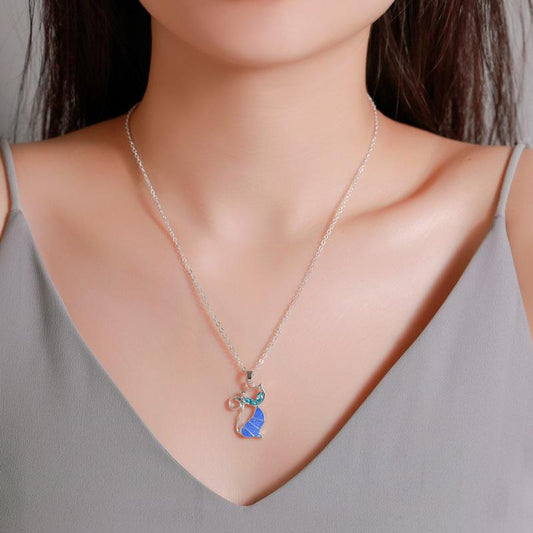 Necklace Personality Hollow Diamond Kitten Clavicle Chain Sweet Opal Cat Pendant