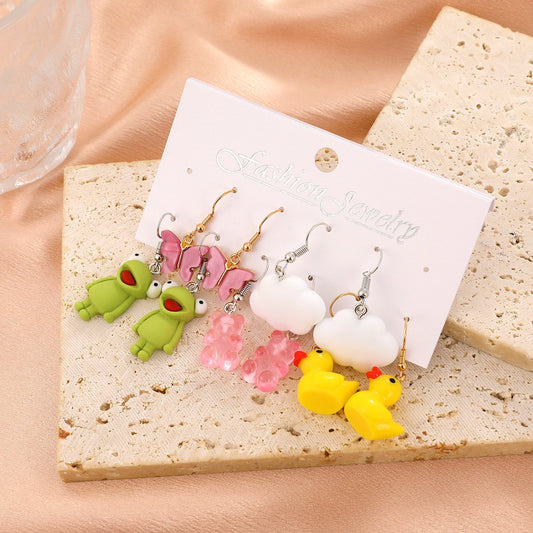 Sweet Cool Acrylic Earring Set Fashion Cartoon Butterfly Frog Little Yellow Duck Earrings Set of 5