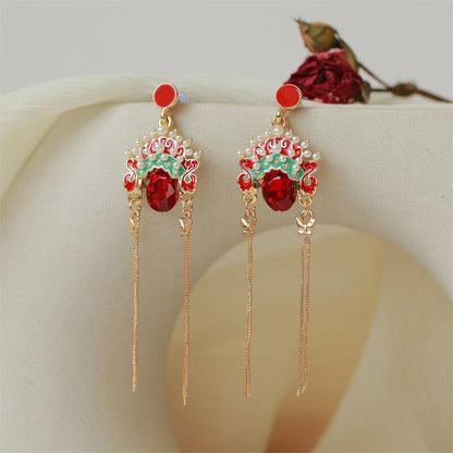 Chinese face earrings retro Beijing opera pearl earrings female diamond temperament net red tassel long earrings