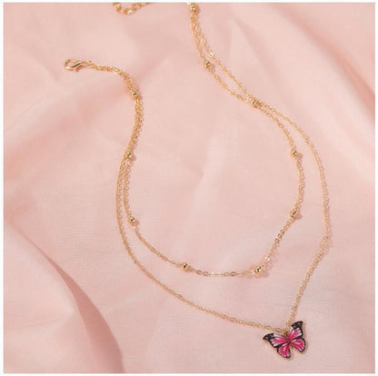 Double Bead Chain Colorful Butterfly Necklace Dreamy Butterfly Clavicle Chain Trendy Women's Jewelry Short Chain