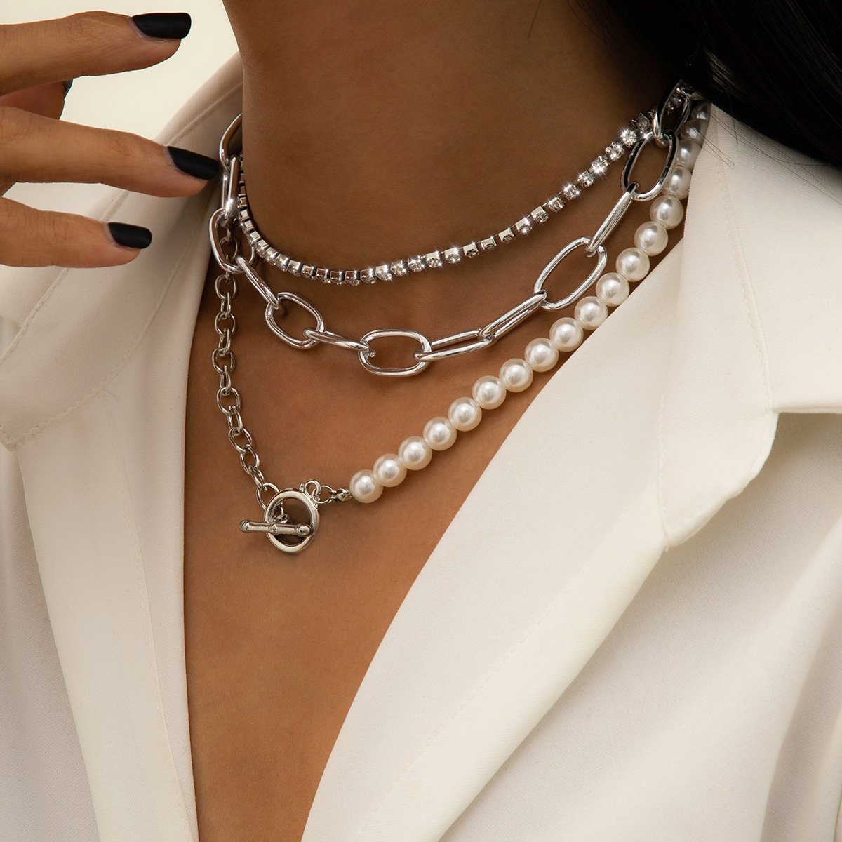 Jewelry Hip Hop Personality Geometric Diamond Chain Necklace Retro Simple OT Buckle Imitation Pearl Necklace
