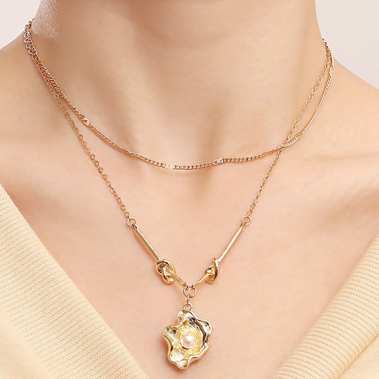 Jewelry trend double-layer imitation pearl geometric shaped pendant necklace female niche design sense