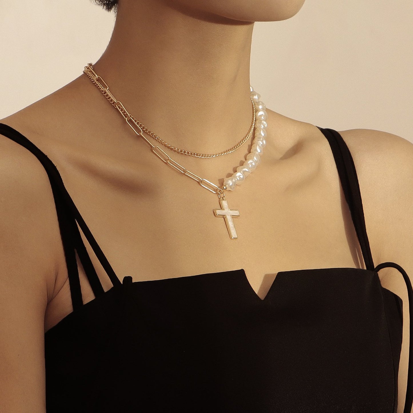 Jewelry fashion trendy double-layer splicing chain imitation pearl cross white mother-of-pearl pendant necklace female