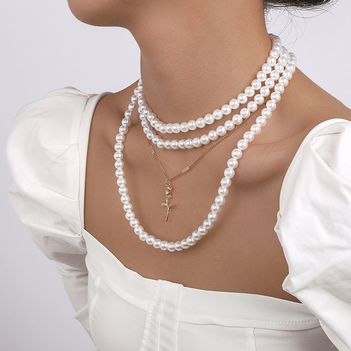 N1475 French light luxury romantic rose necklace imitation pearl stacked with personality temperament lady collarbone necklace
