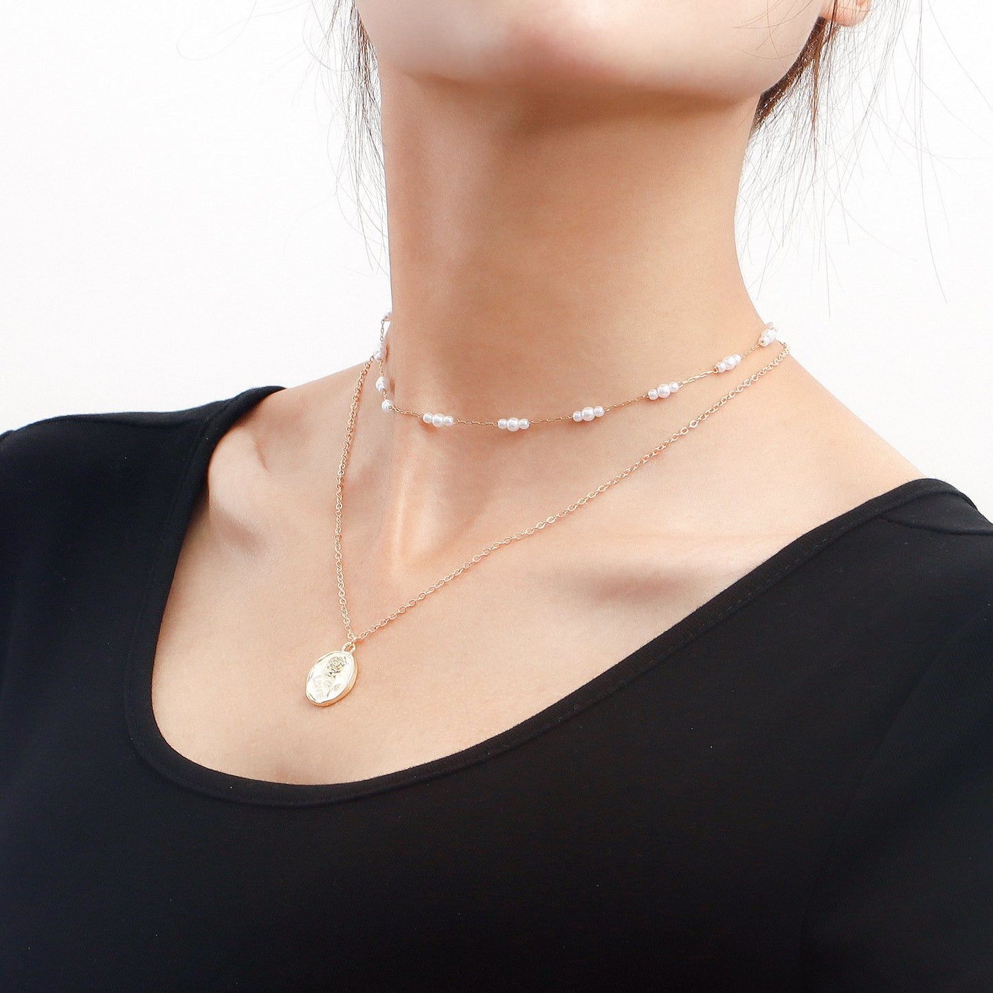 Jewelry Fashion Double Imitation Pearl LOVE Rose Pendant Necklace Women's Trendy Matching Accessories