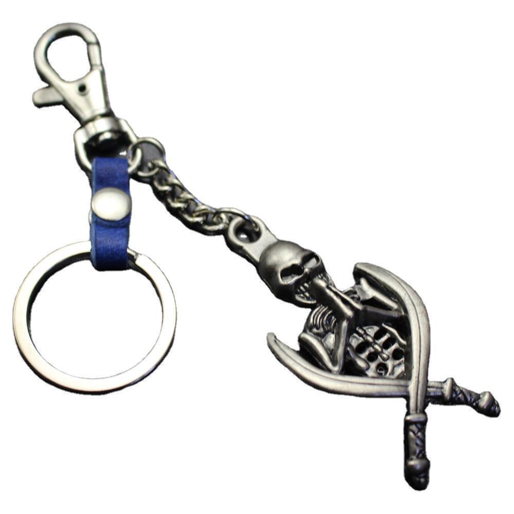 Double Sword Reaper Skull Alloy Pendant Leather Keychain Retro Key Ring Pendant Gift