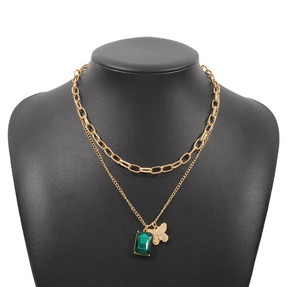 N9858 Net Red Small Fresh Necklace Contrasting Color Rhinestone Butterfly Element Necklace Street Shot Daily Simple Necklace