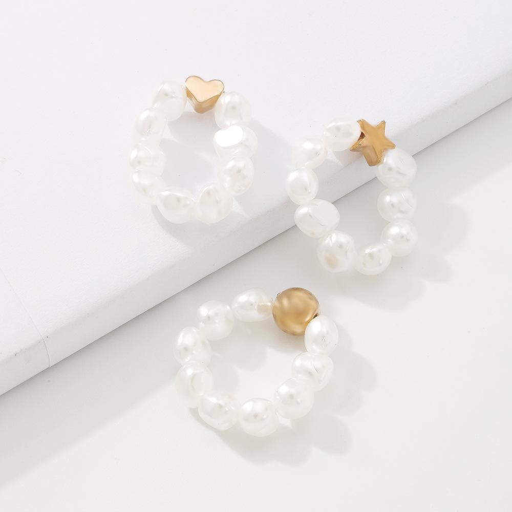 R684 Imitation Pearl Elastic Ring Peach Heart Pentagram Geometric Fashion Ring Simple Small Fresh Jewelry