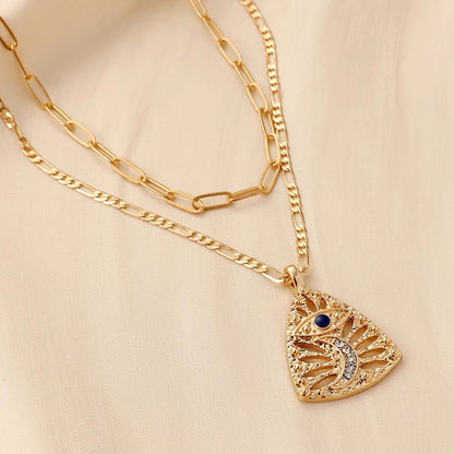 Ins personalized trend design high-end clavicle chain double-layer triangular hollow eyes moon dripping oil necklace female