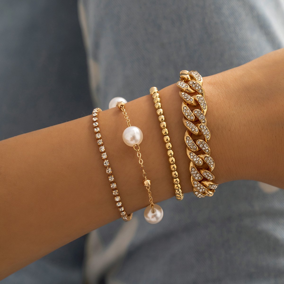 Jewelry Street Shot Imitation Pearl Round Bead Jewelry Punk Cuba Full Diamond Button Chain Bracelet Set