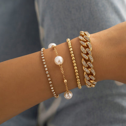 Jewelry Street Shot Imitation Pearl Round Bead Jewelry Punk Cuba Full Diamond Button Chain Bracelet Set