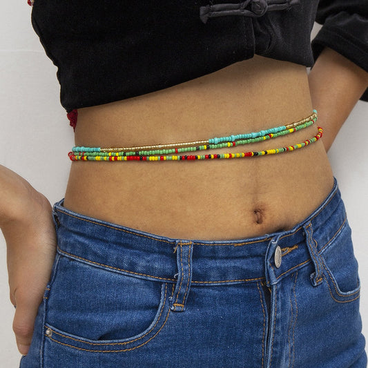 Jewelry Fashion Sexy Contrasting Color Rice Bead Waist Chain Bikini Chain Mix and Match Multilayer Body Chain Female