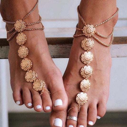 Foot decoration fashion trendsetter simple metal texture carved disc beach tassel anklet