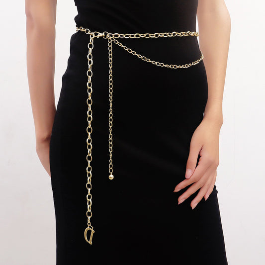 Jewelry double texture thick chain letter D pendant waist chain female ins dress body accessories