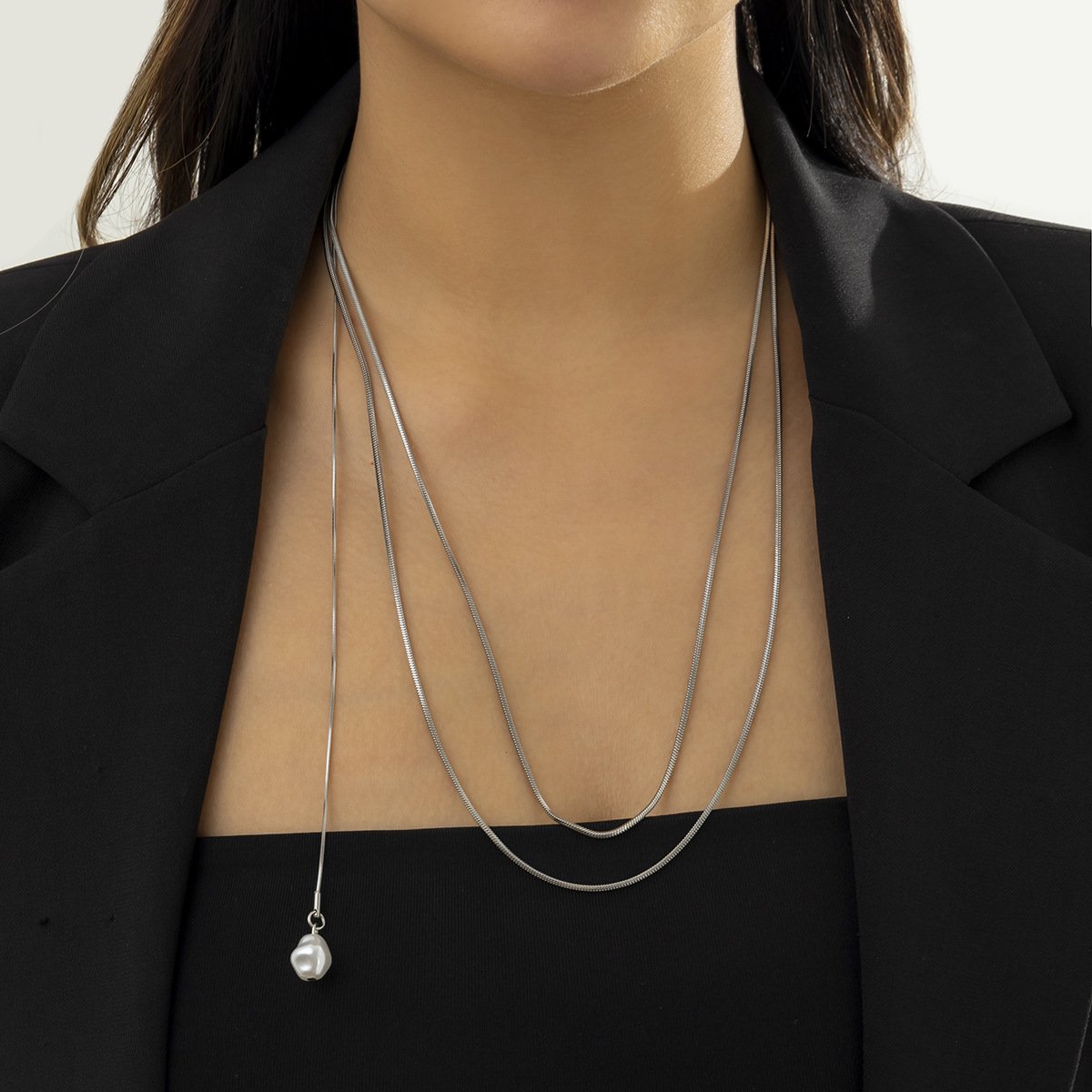 Jewelry cold metal snake bone chain multi-layer necklace female simple special-shaped imitation pearl necklace
