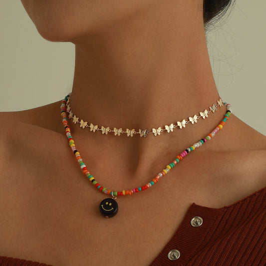 Jewelry Fashion Acrylic Smiley Face Pendant Necklace Colorful Beads Alloy Butterfly Chain Necklace