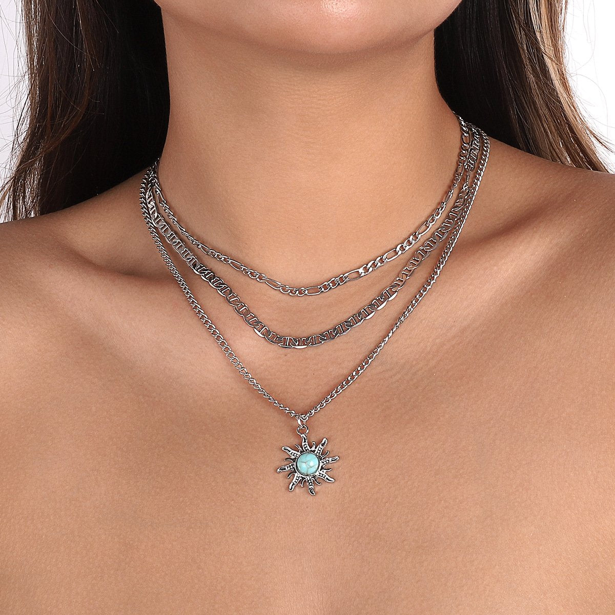 N1276 Turquoise Sunflower Fashion Necklace Niche Chain Stacked Retro Necklace Light Luxury Necklace
