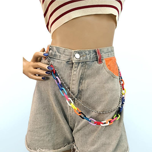 Fashion Rainbow Candy Color Resin Metal Chain Punk Hip Hop Double Pants Chain