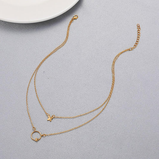 Simple double-layer butterfly necklace ins niche design net red sweet clavicle chain retro stacked necklace