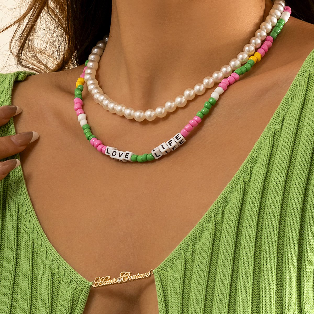 Vacation Color Rice Beads Beaded Clavicle Necklace Female Simple Versatile Alphabet Imitation Pearl Necklace