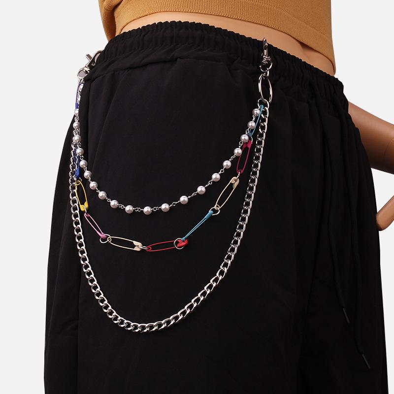 Jewelry personality pearl chain metal waist chain ins fashion multi-color pin multi-layer pants chain