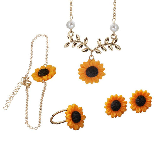 Jewelry creative sunflower necklace sunflower earrings ring flower bracelet four-piece set