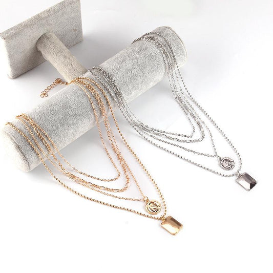 Jewelry Retro Beauty Avatar Pendant Necklace Female Fashion Rectangular Multilayer Chain Accessories
