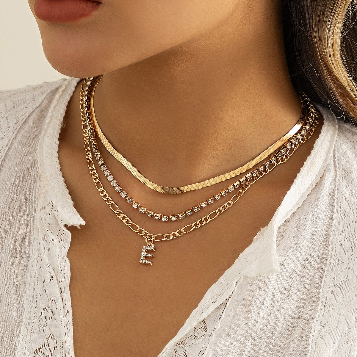 Jewelry Hip Hop Diamond Letter E Pendant Necklace Female Retro Metal Snake Bone Chain Necklace