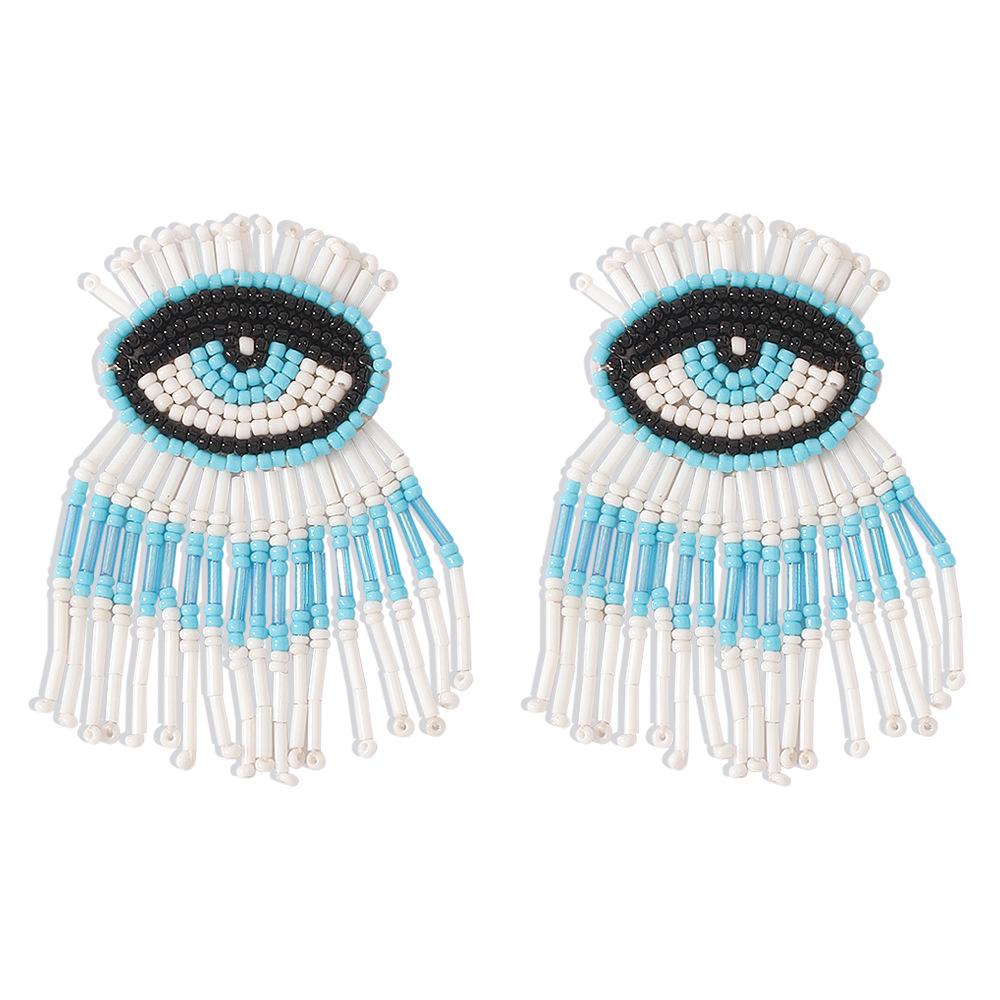 E1317 Bohemian Personality Tassel Earrings Exaggerated Devil's Eye Stud Earrings Beaded Contrasting Color Earrings