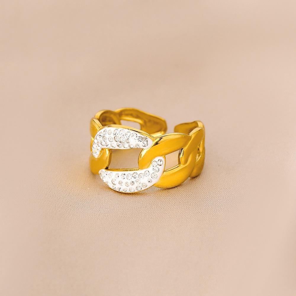 Niche design titanium steel ring micro-studded with diamonds braided open ring vacuum-plated 18K gold jewelry