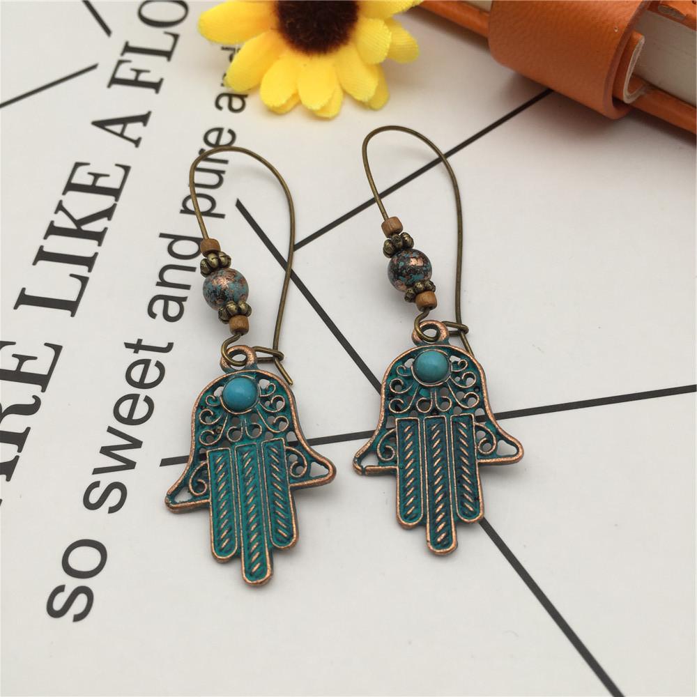 Vintage Ethnic Earrings Alloy Leaf Palm Owl Turquoise Earrings Jewelry Set