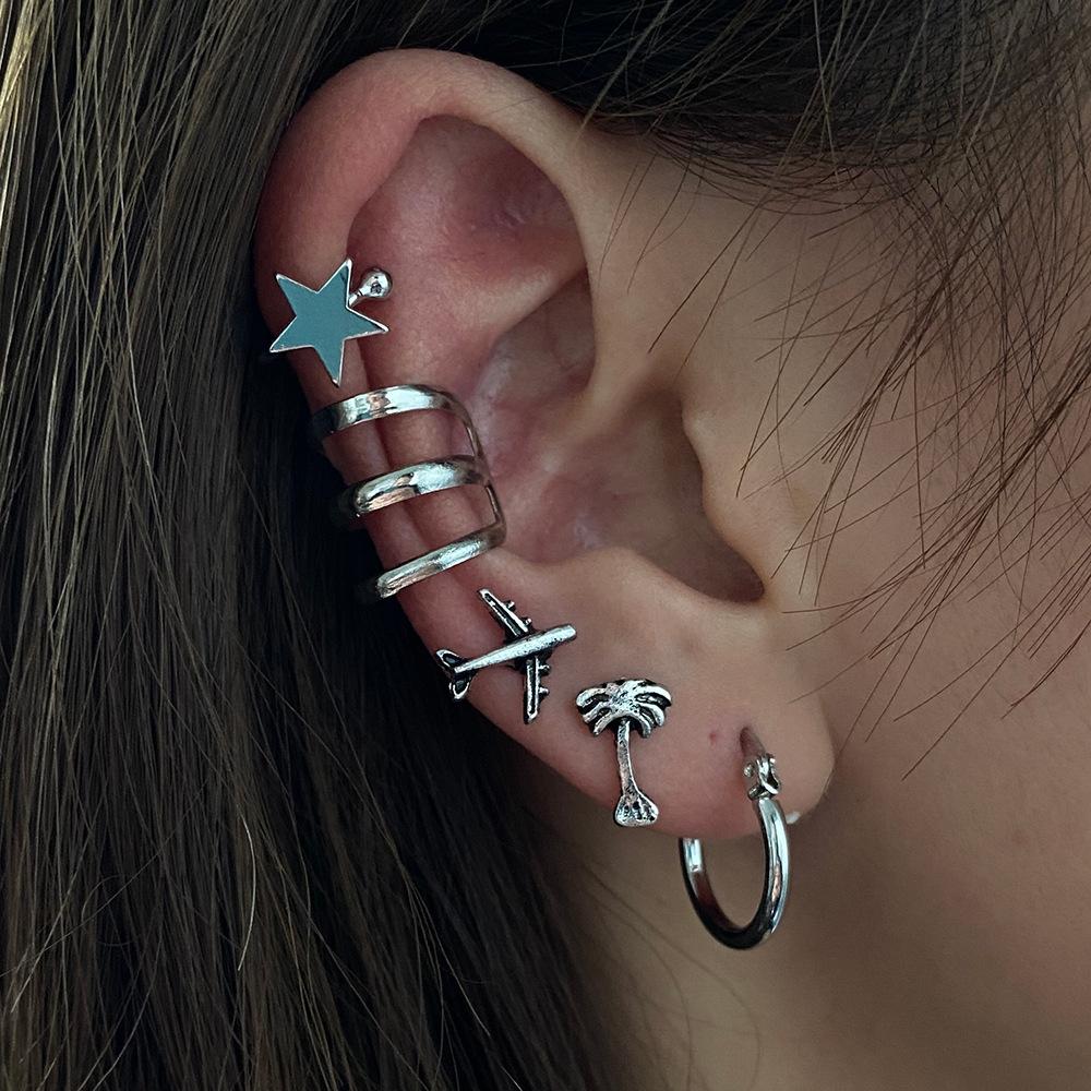 Fashion retro ins set earring personality creative star plane coconut tree 5-piece set ear clip earrings