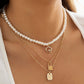 Jewelry Imitation Pearl Woven Pendant Necklace Planet Micro-inlaid Lock Letter Multilayer Necklace Female