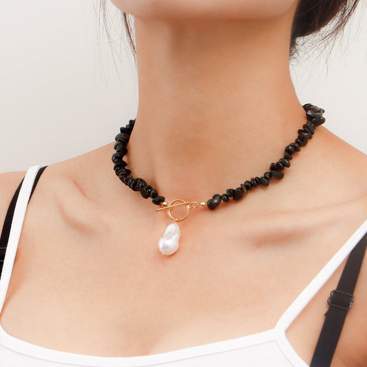 Jewelry Fashion Black Natural Gravel Handwoven Necklace Female Large Pearl Pendant Necklace