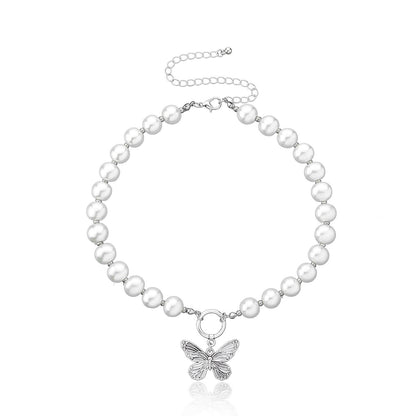 Jewelry Short Retro Metal Butterfly Pendant Necklace Female Fashion Personality Popular Pearl Necklace