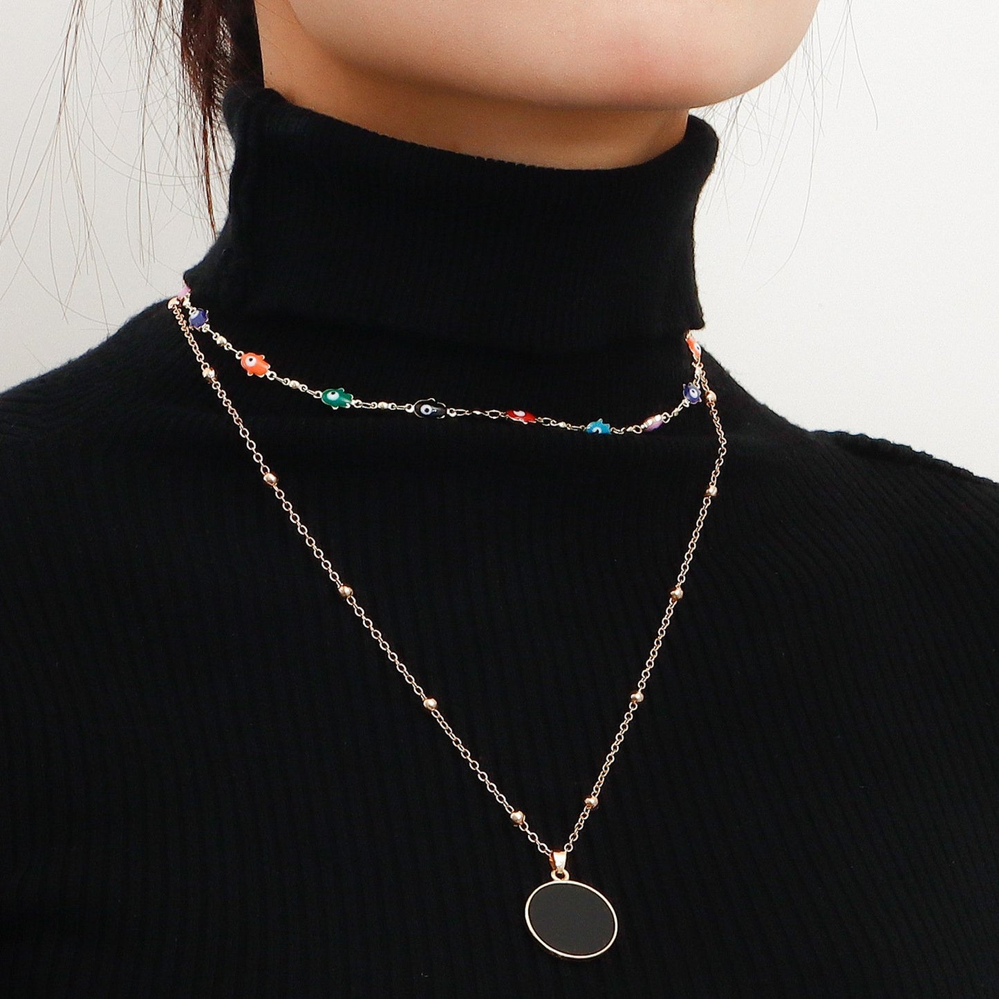 Jewelry evil eye double layered black mother-of-pearl pendant necklace female autumn and winter sweater chain