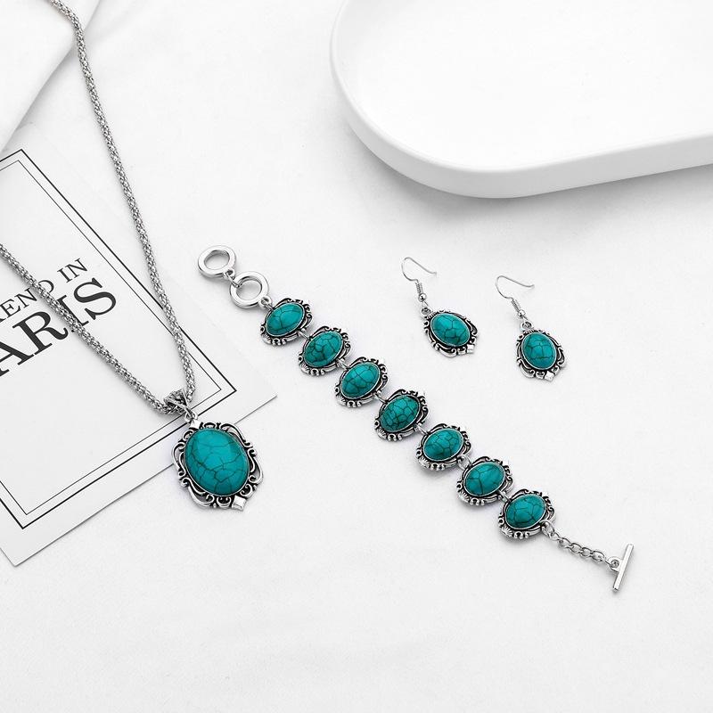 Ethnic Turquoise Necklace Earrings Bracelet Set Flower Pendant Three Piece Jewelry Set