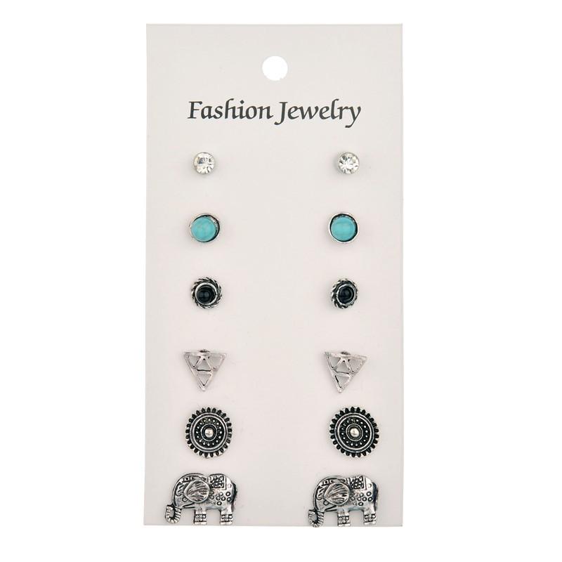Ethnic Carved Metal Pole Earrings Bohemian Triangle Elephant Rhinestone Flower Earrings
