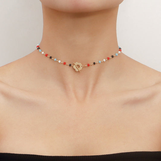Jewelry Fashion Temperament Colorful Crystal Glass Beads Necklace Simple OT Buckle Short Flower Necklace