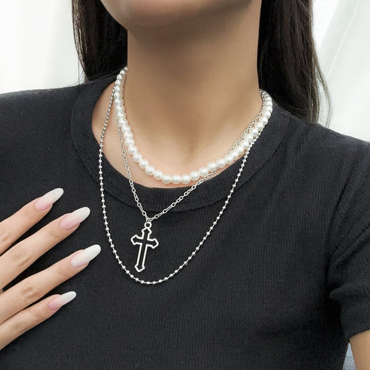 Jewelry Sweet Cool Hollow Cross Imitation Pearl Multilayer Necklace Female Simple Bead Beaded Necklace