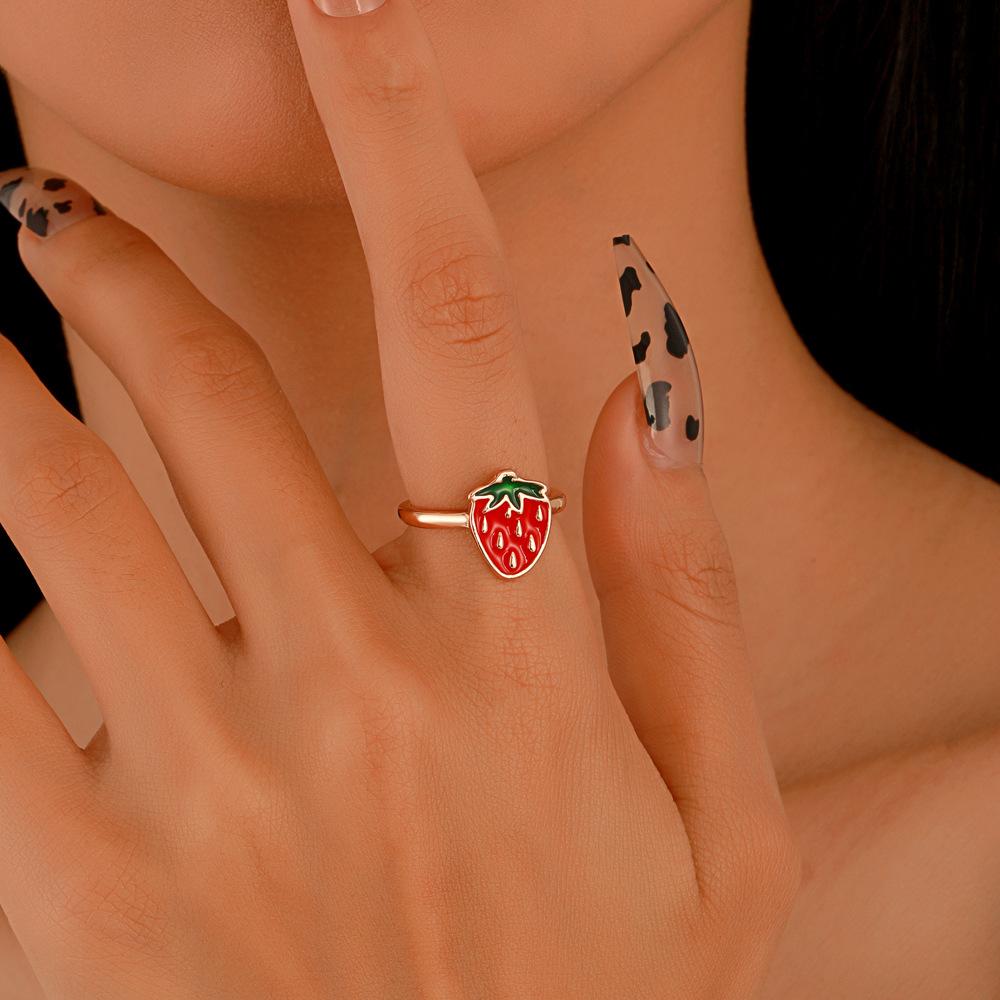 Retro Childlike Red Strawberry Ring Female Fashion Creative Geometric Metal Drip Oil Red Mushroom Index Finger Ring