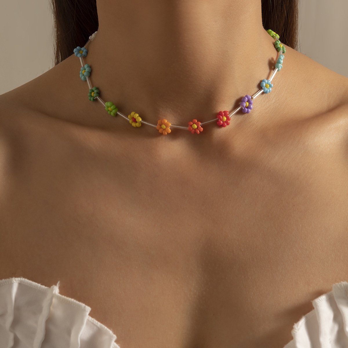 Jewelry Simple Color Gradient Rice Beads Small Daisy Necklace Holiday Braided Clavicle Necklace Women